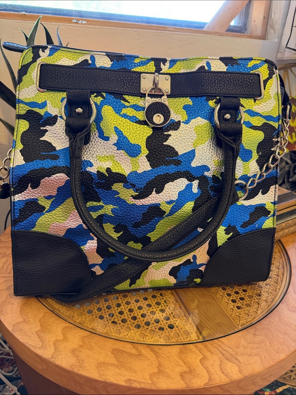 Stylish Multicolor Camo Tote Bag with Black Trim
